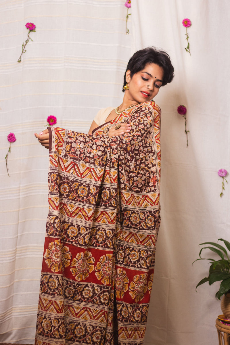 Mul Cotton Block Printed Saree Kalamkari Vrindavan-3