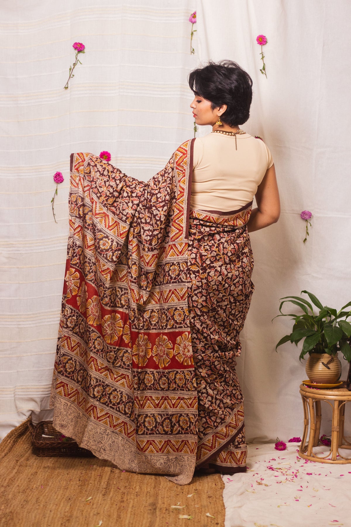 Mul Cotton Block Printed Saree Kalamkari Vrindavan-2