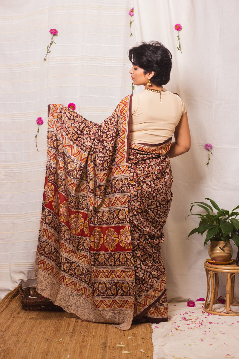 Mul Cotton Block Printed Saree Kalamkari Vrindavan-2