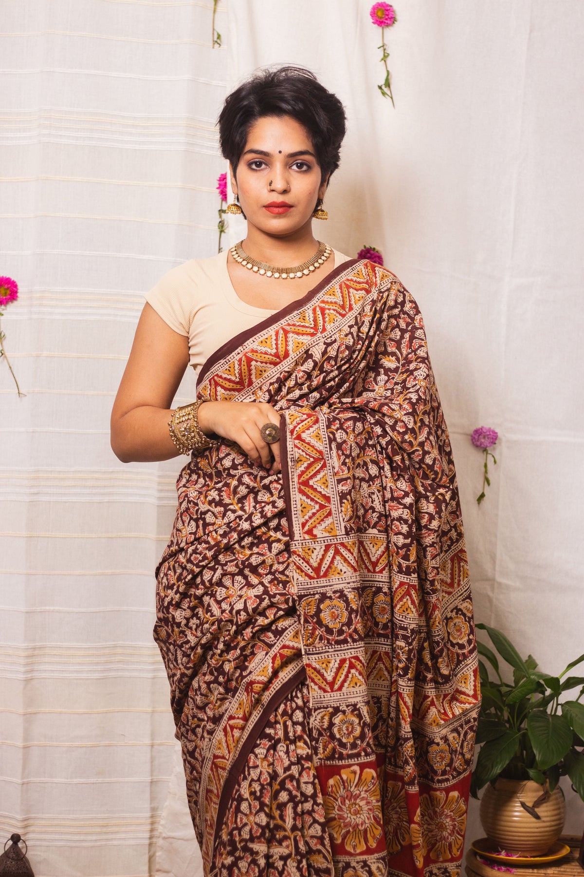 Mul Cotton Block Printed Saree Kalamkari Vrindavan-1