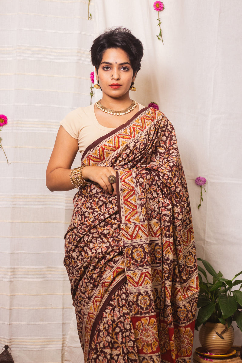 Mul Cotton Block Printed Saree Kalamkari Vrindavan-1