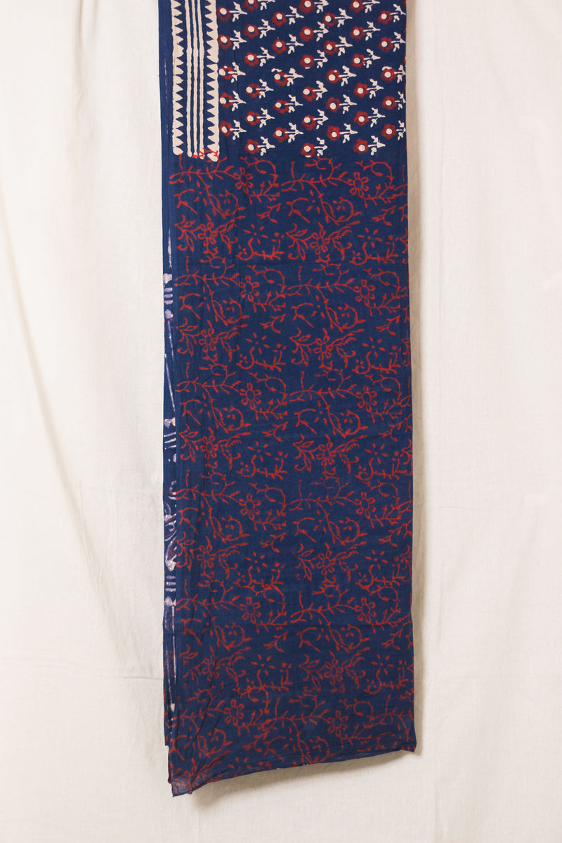 Cotton Mul Bagru Saree Indigo Ruby Bloom-10