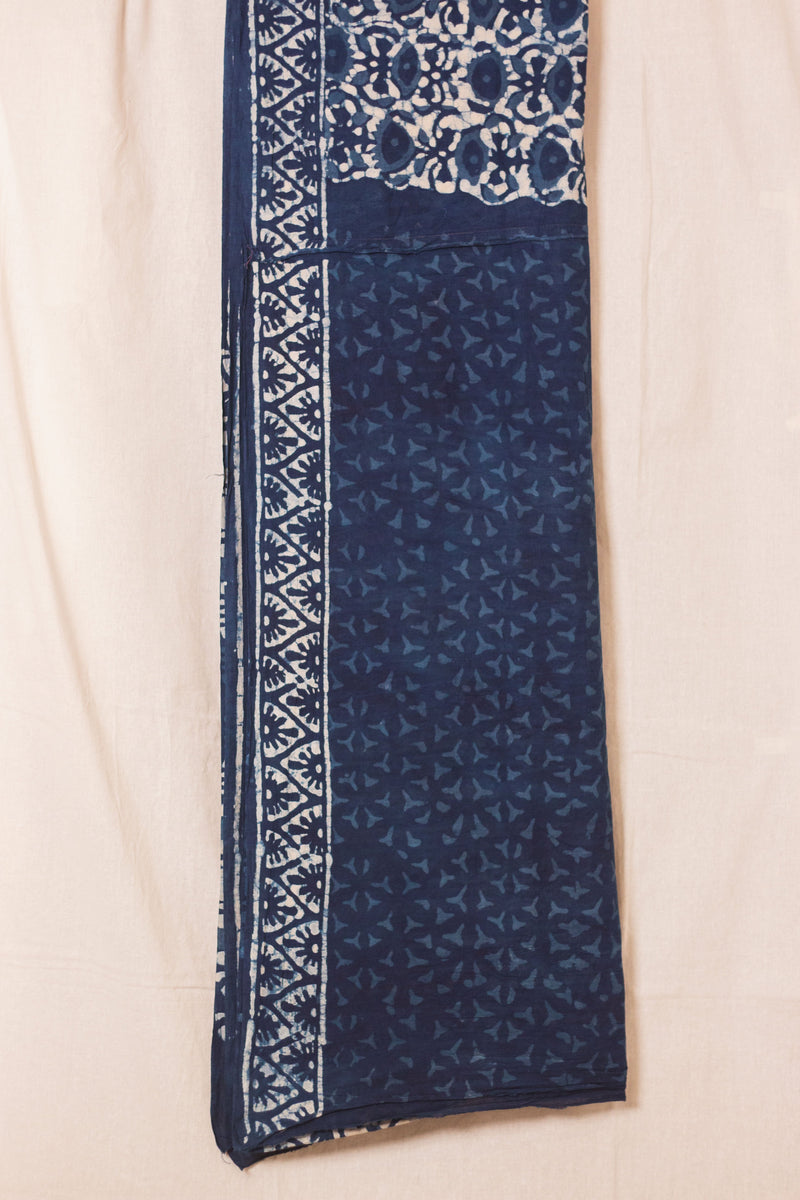 Cotton Mul Bagru Saree Indigo Blue Meadow-9