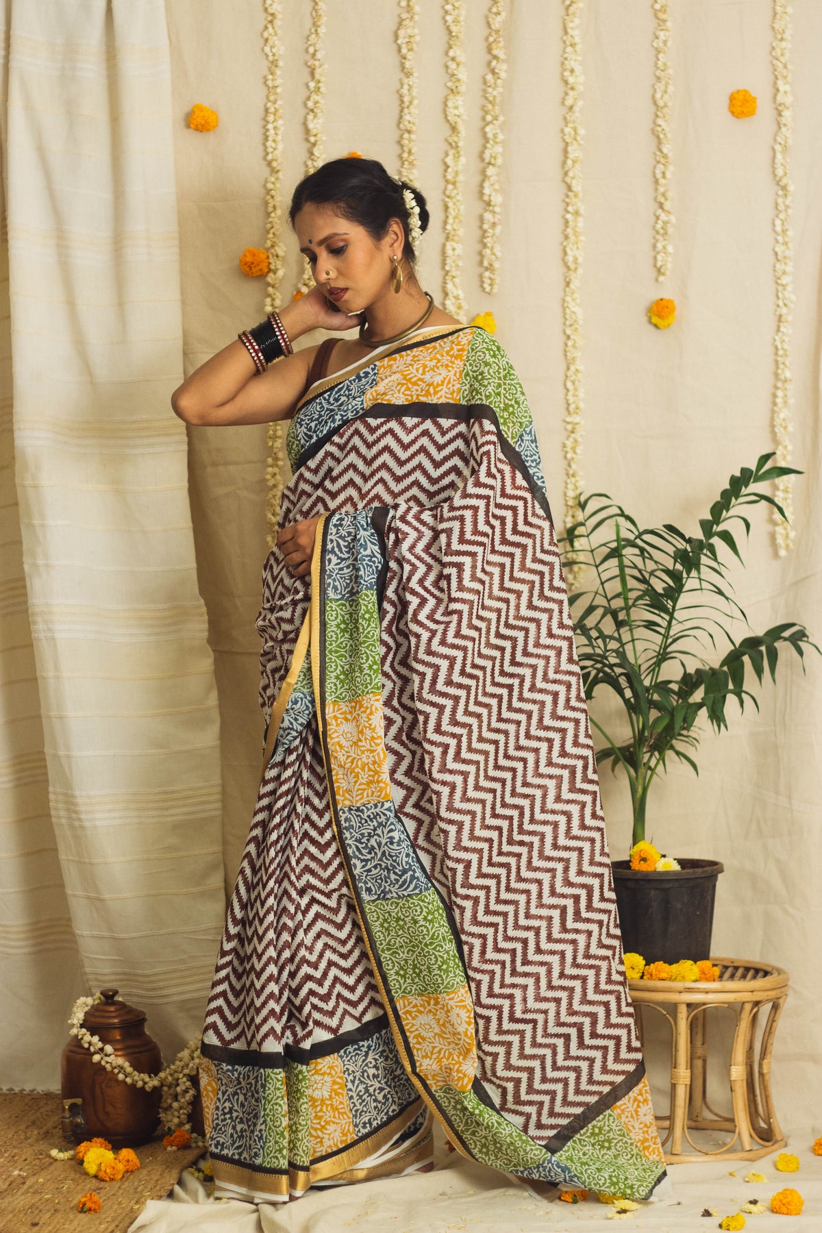 Mul Cotton Block Printed Saree • Patchwork borders-1