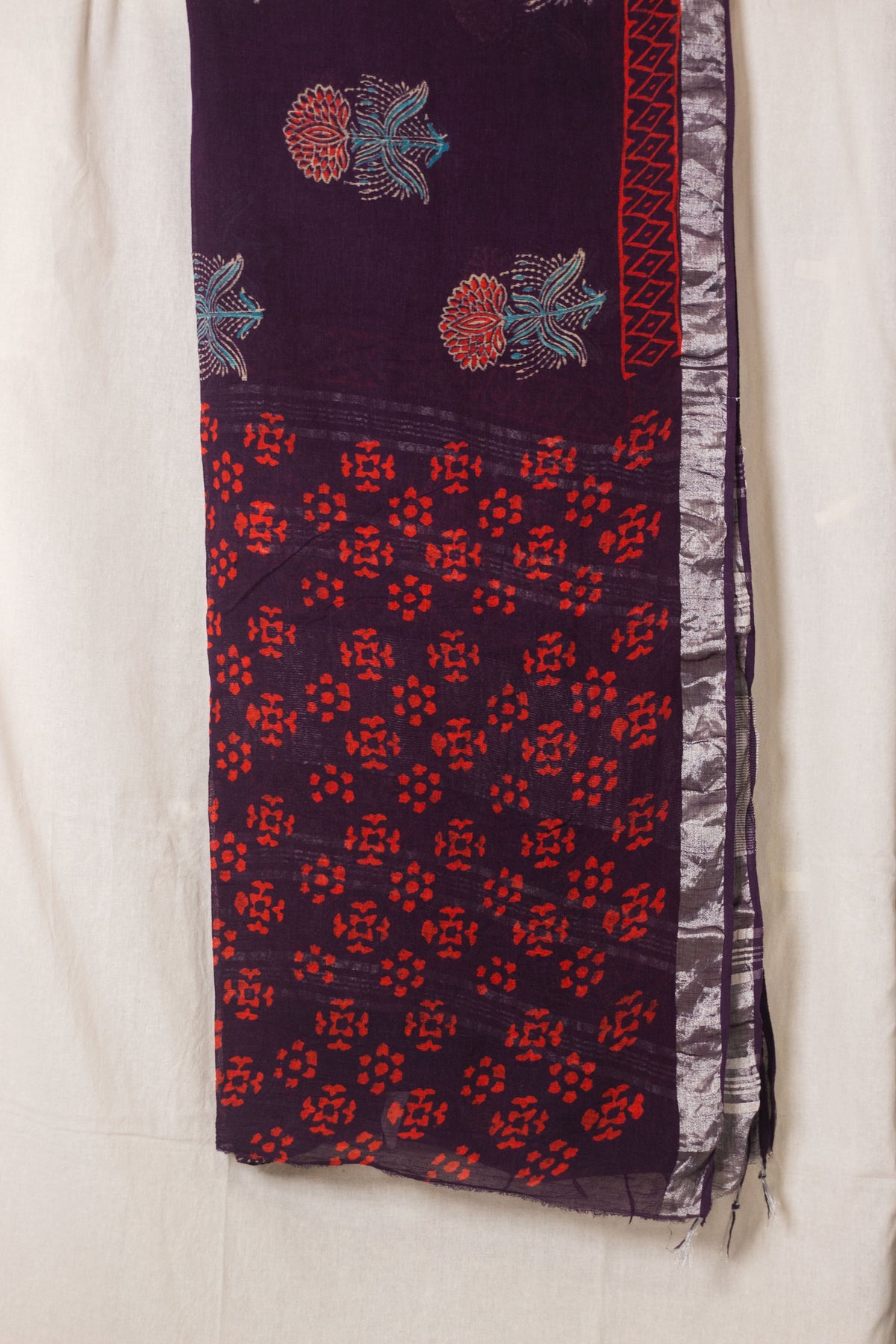 Linen Cotton Bagru Saree Purple Blossom-4