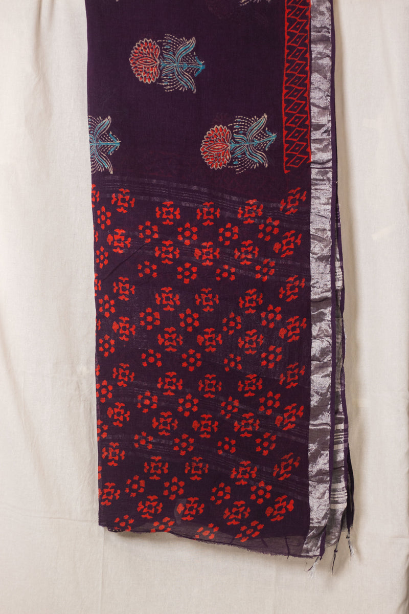 Linen Cotton Bagru Saree Purple Blossom-4