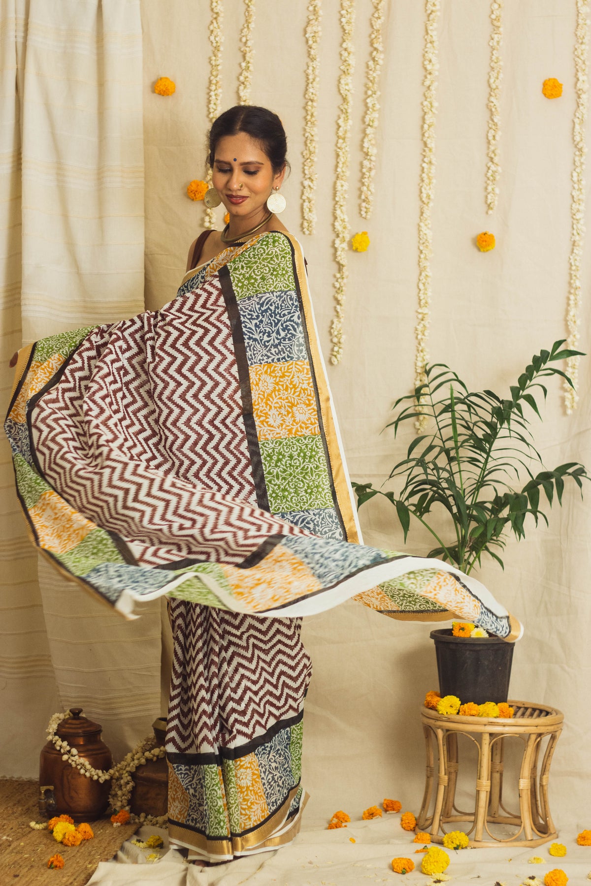 Mul Cotton Block Printed Saree • Patchwork borders-2