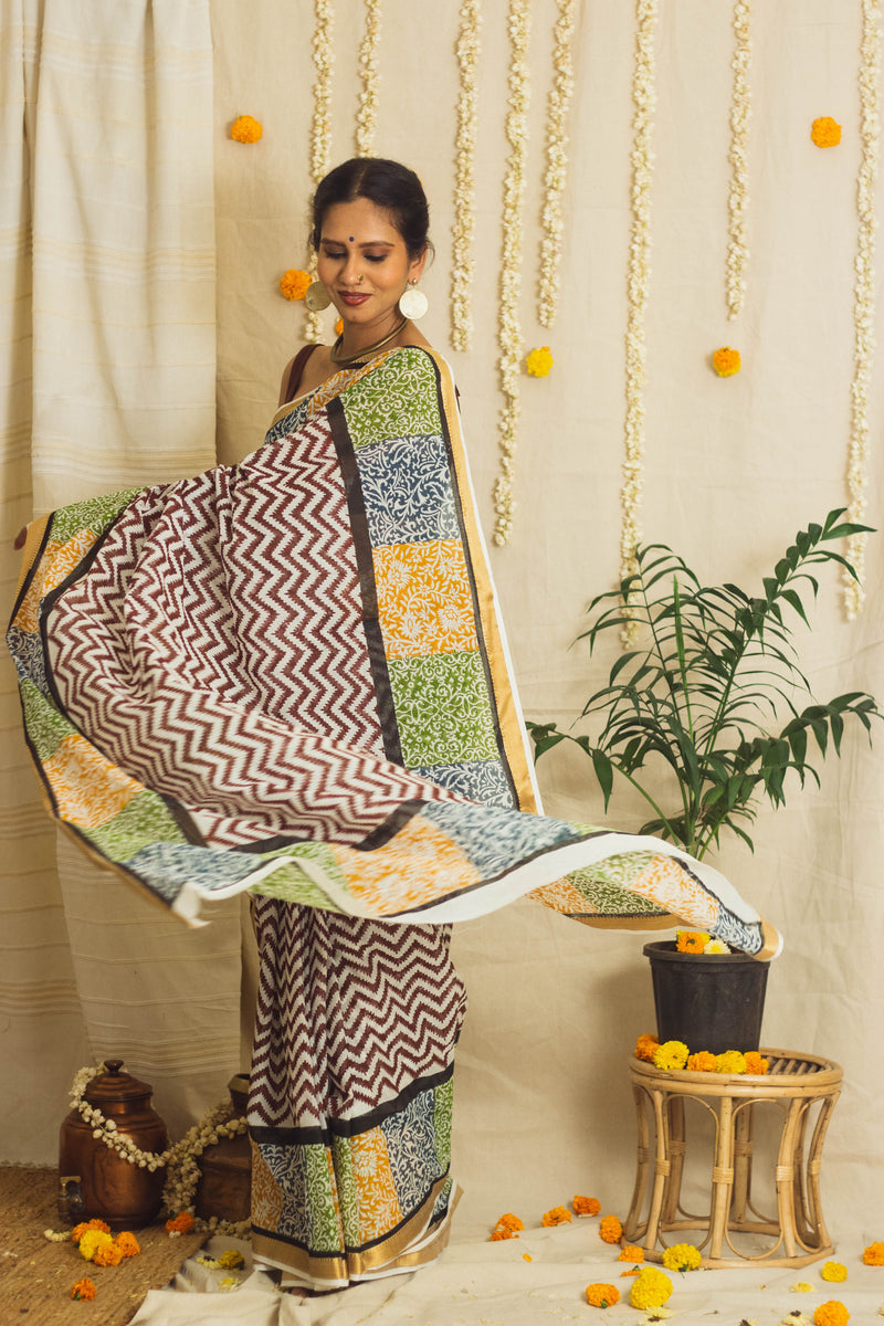 Mul Cotton Block Printed Saree • Patchwork borders-2