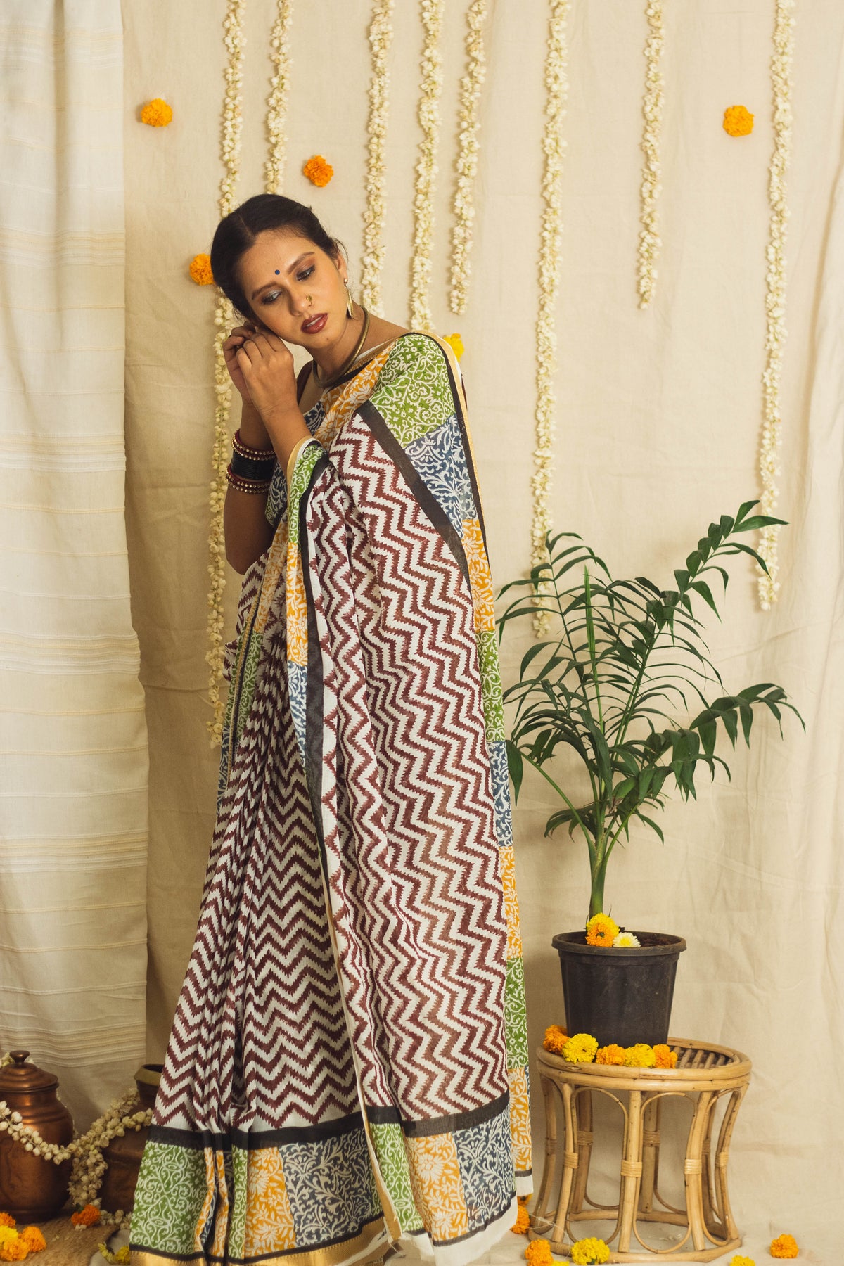 Mul Cotton Block Printed Saree • Patchwork borders-3