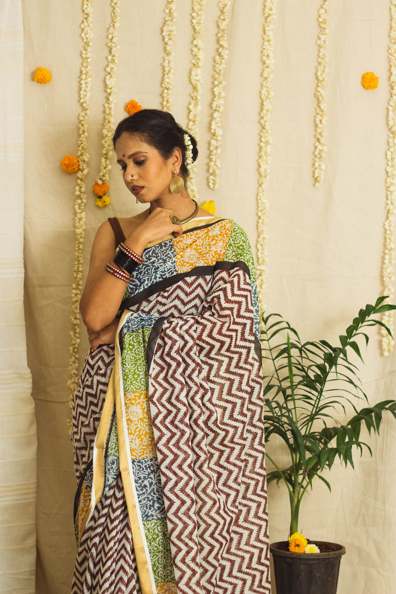Mul Cotton Block Printed Saree • Patchwork borders-4