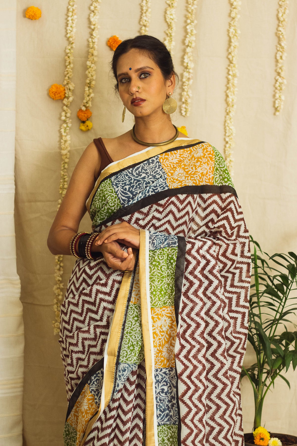 Mul Cotton Block Printed Saree • Patchwork borders-5