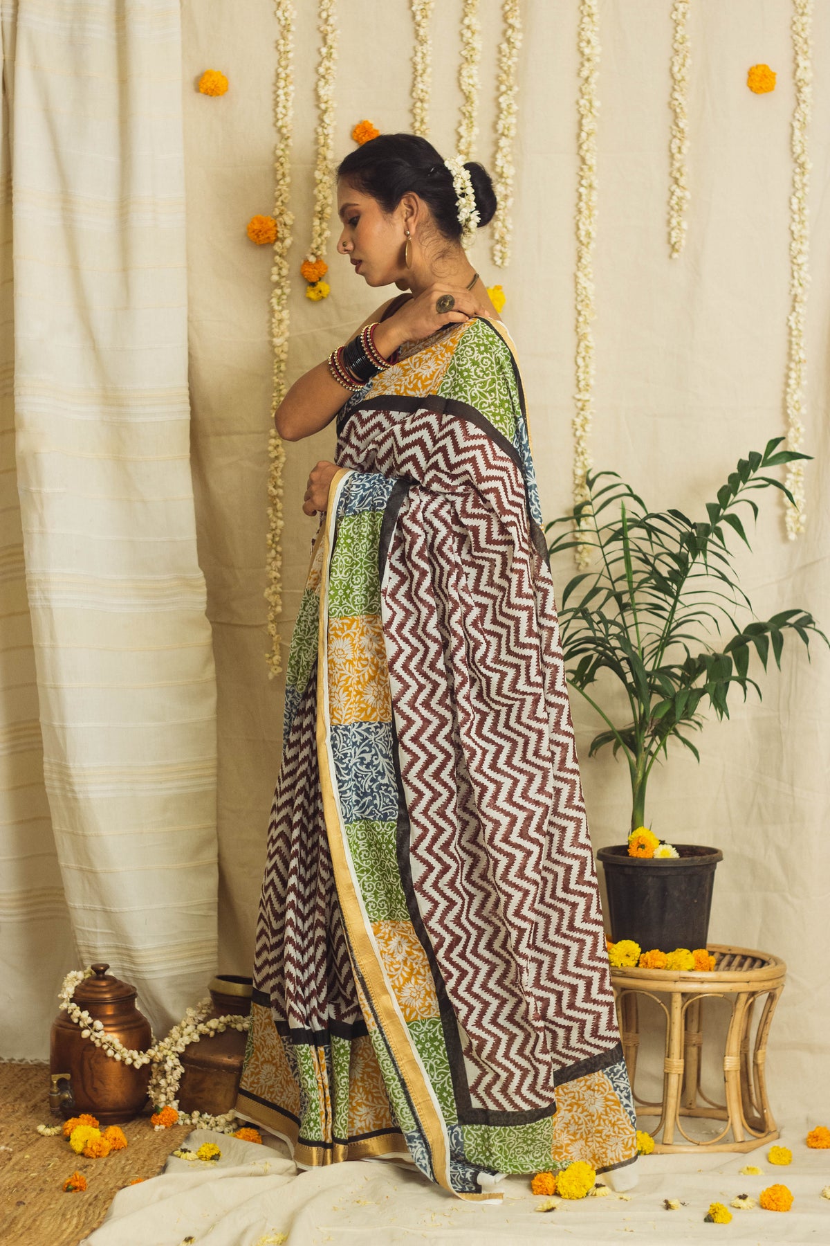 Mul Cotton Block Printed Saree • Patchwork borders-6