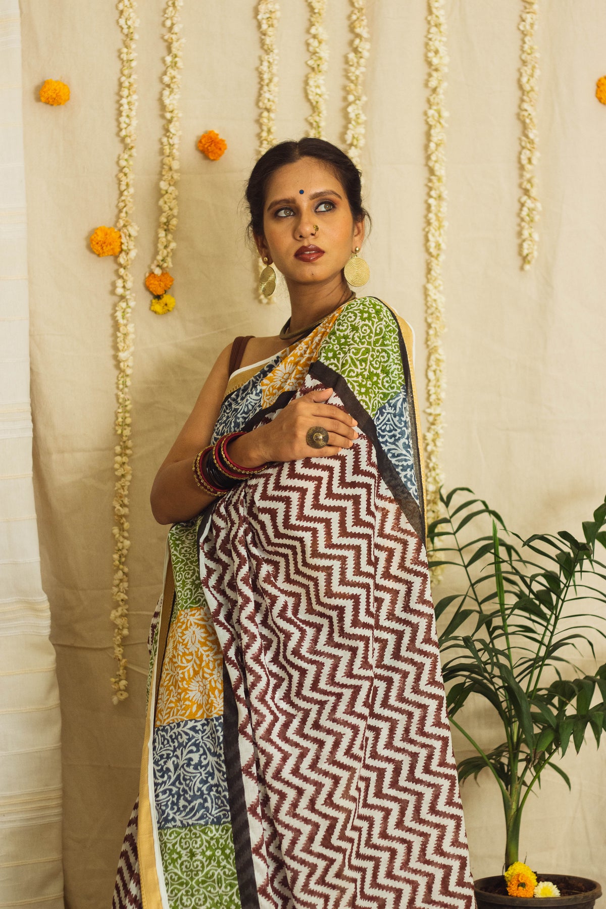 Mul Cotton Block Printed Saree • Patchwork borders-7