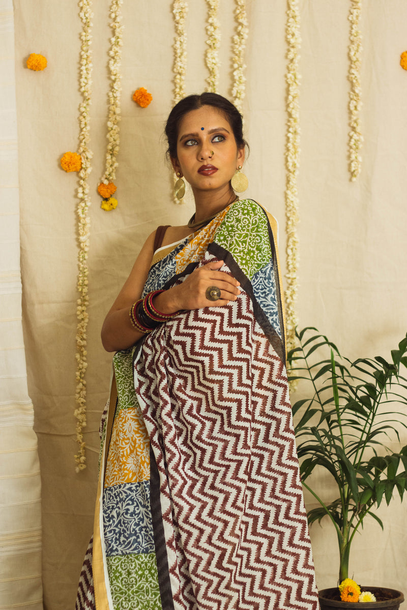 Mul Cotton Block Printed Saree • Patchwork borders-7