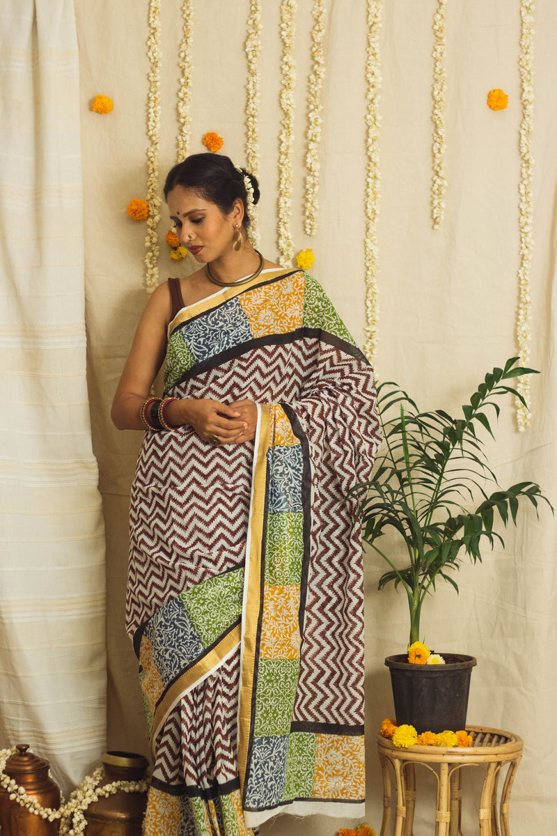 Mul Cotton Block Printed Saree • Patchwork borders-8