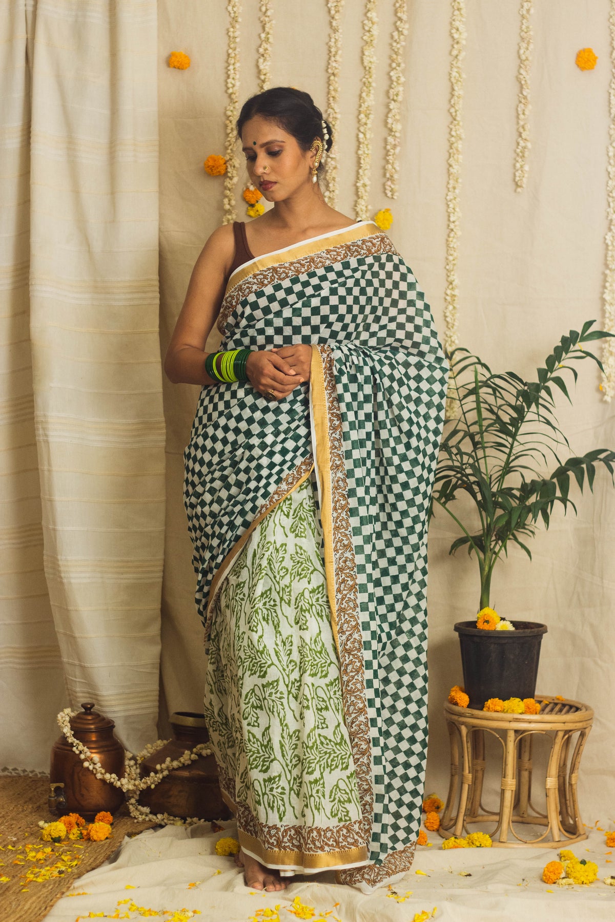 Mul Cotton Block Printed Saree • Chess board