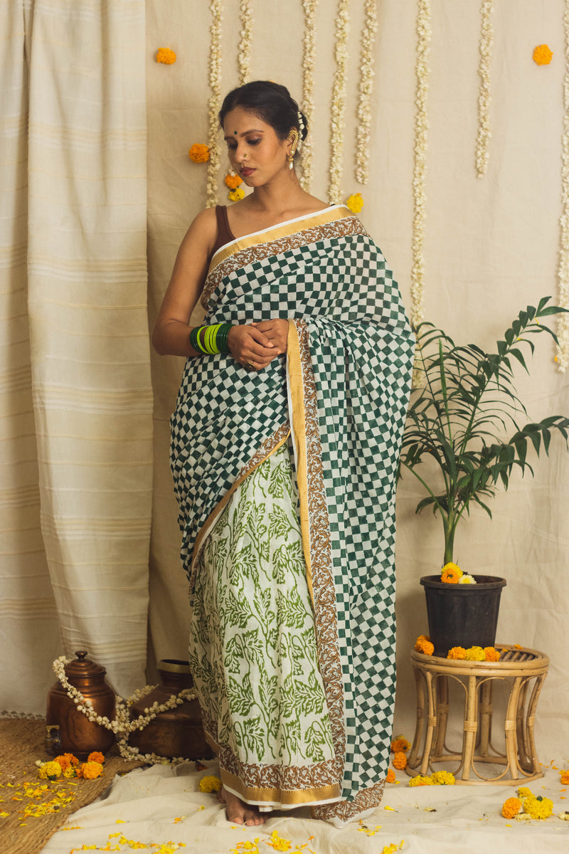 Mul Cotton Block Printed Saree • Chess board-1