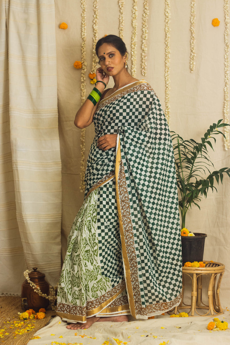 Mul Cotton Block Printed Saree • Chess board-2
