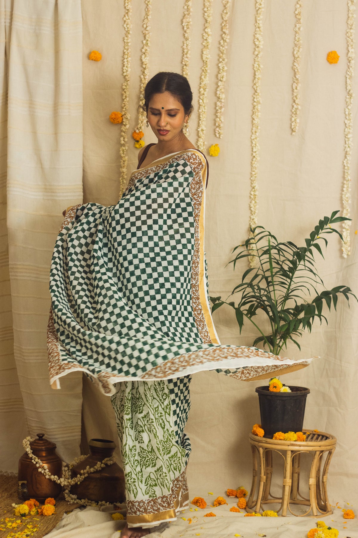 Mul Cotton Block Printed Saree • Chess board-3