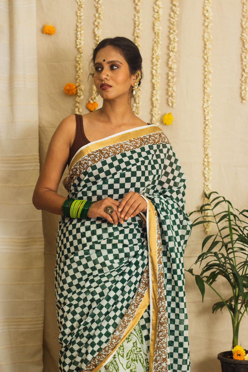 Mul Cotton Block Printed Saree • Chess board-4