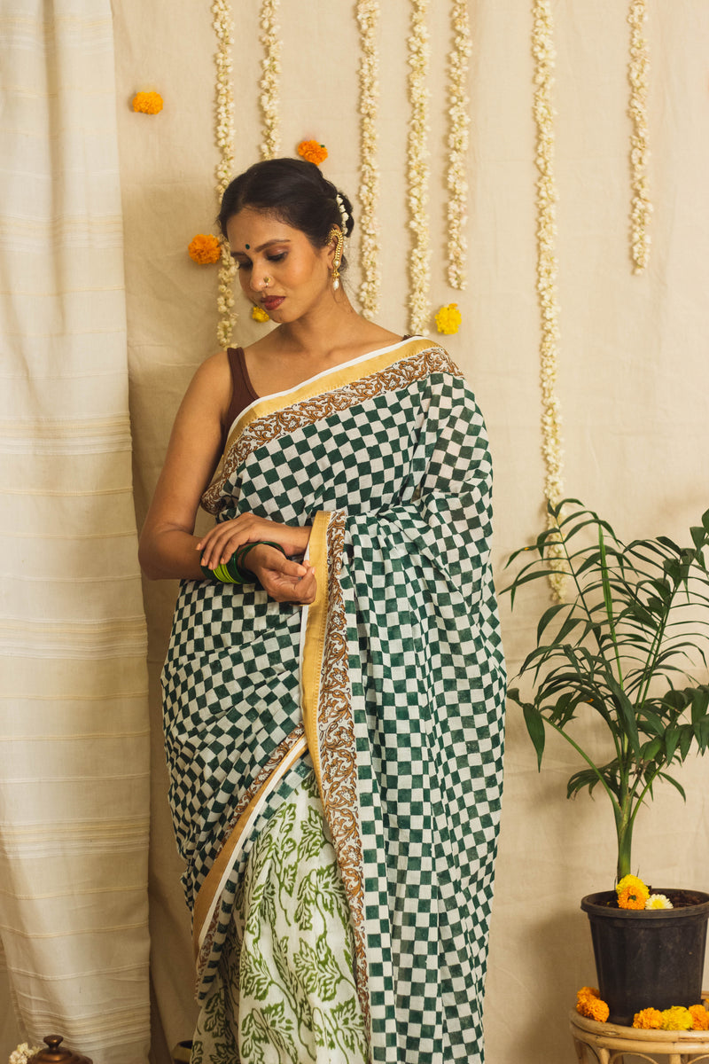 Mul Cotton Block Printed Saree • Chess board-5