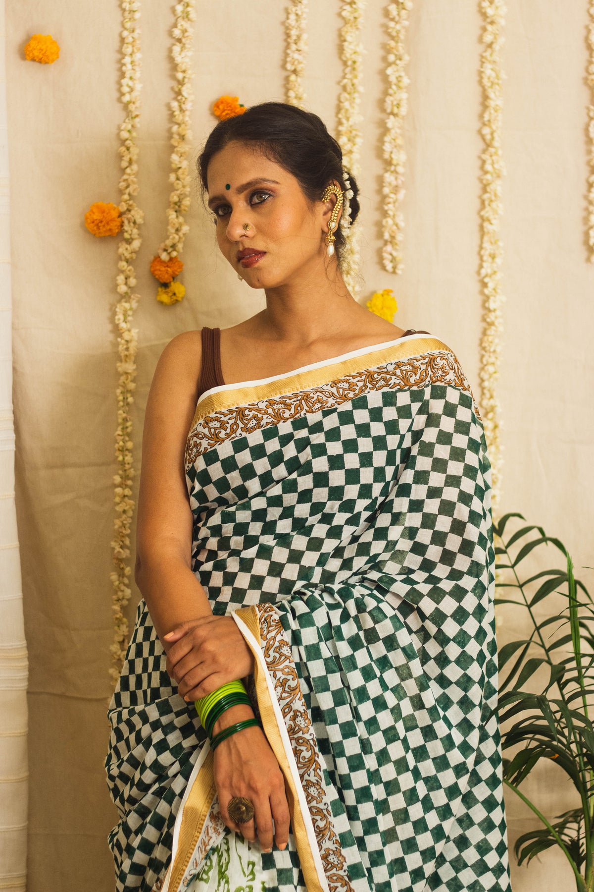 Mul Cotton Block Printed Saree • Chess board-6