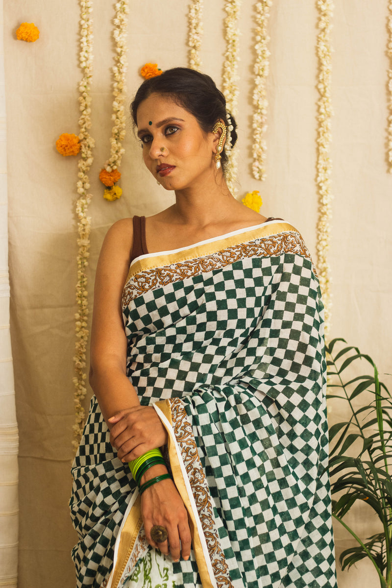 Mul Cotton Block Printed Saree • Chess board-6