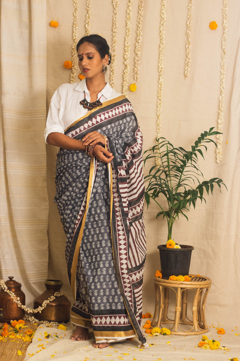 Mul Cotton Block Printed Saree • Dusky n Dark-1