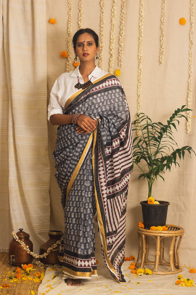 Mul Cotton Block Printed Saree • Dusky n Dark-2