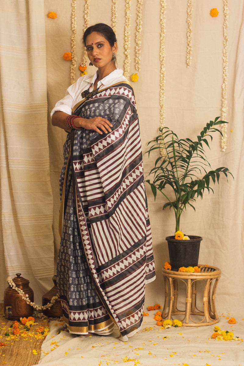 Mul Cotton Block Printed Saree • Dusky n Dark-3