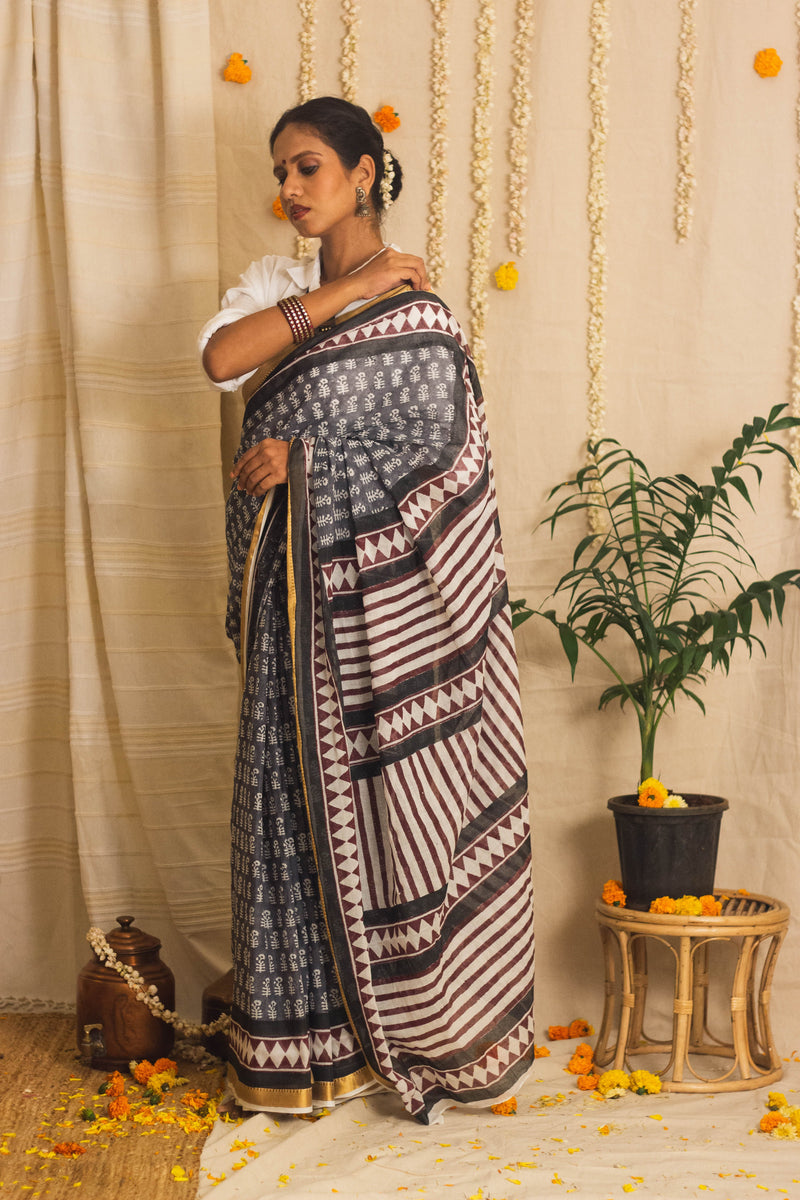 Mul Cotton Block Printed Saree • Dusky n Dark-4