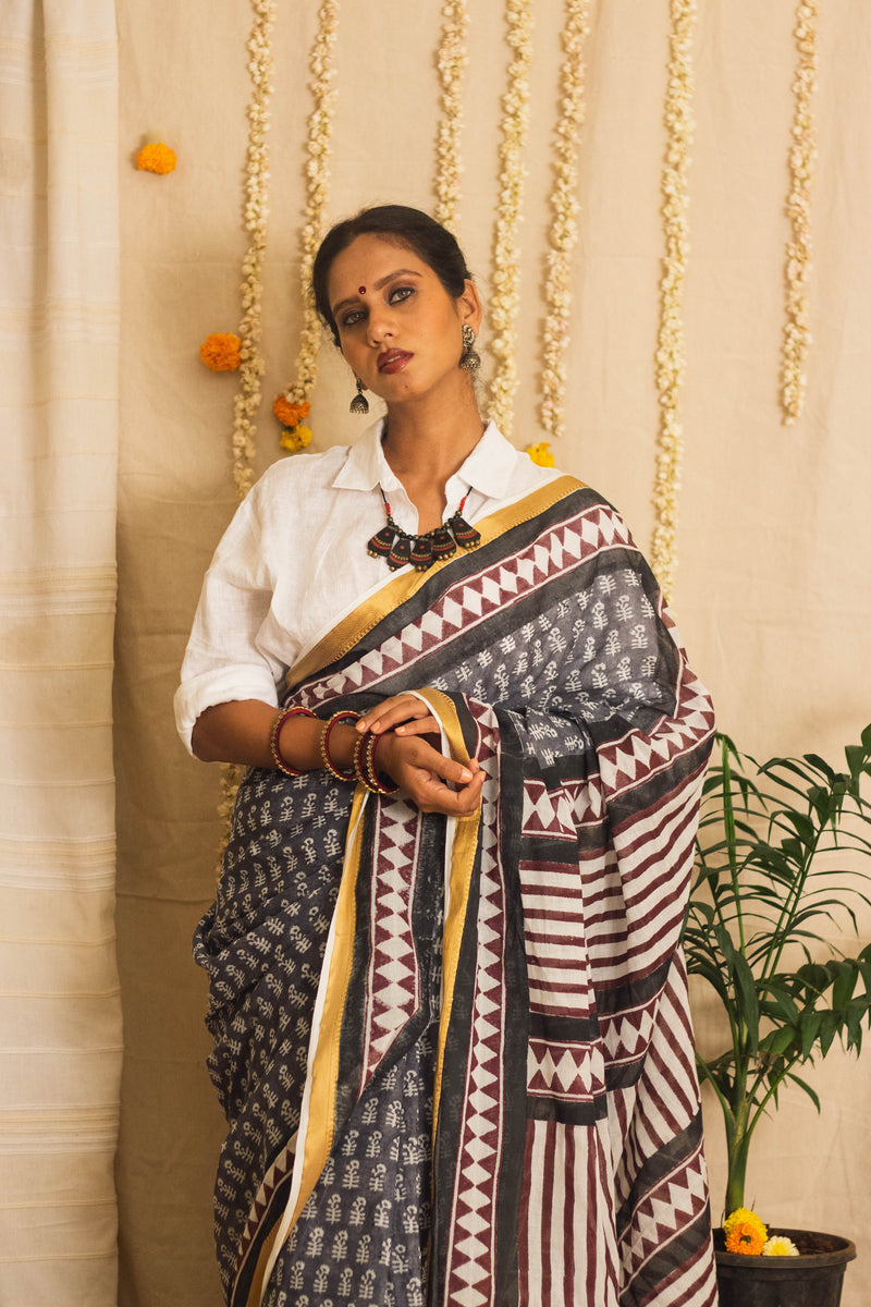 Mul Cotton Block Printed Saree • Dusky n Dark-6