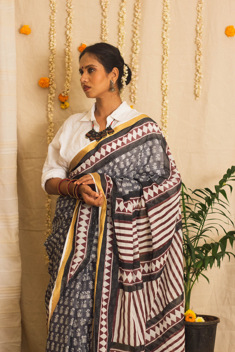 Mul Cotton Block Printed Saree • Dusky n Dark-7