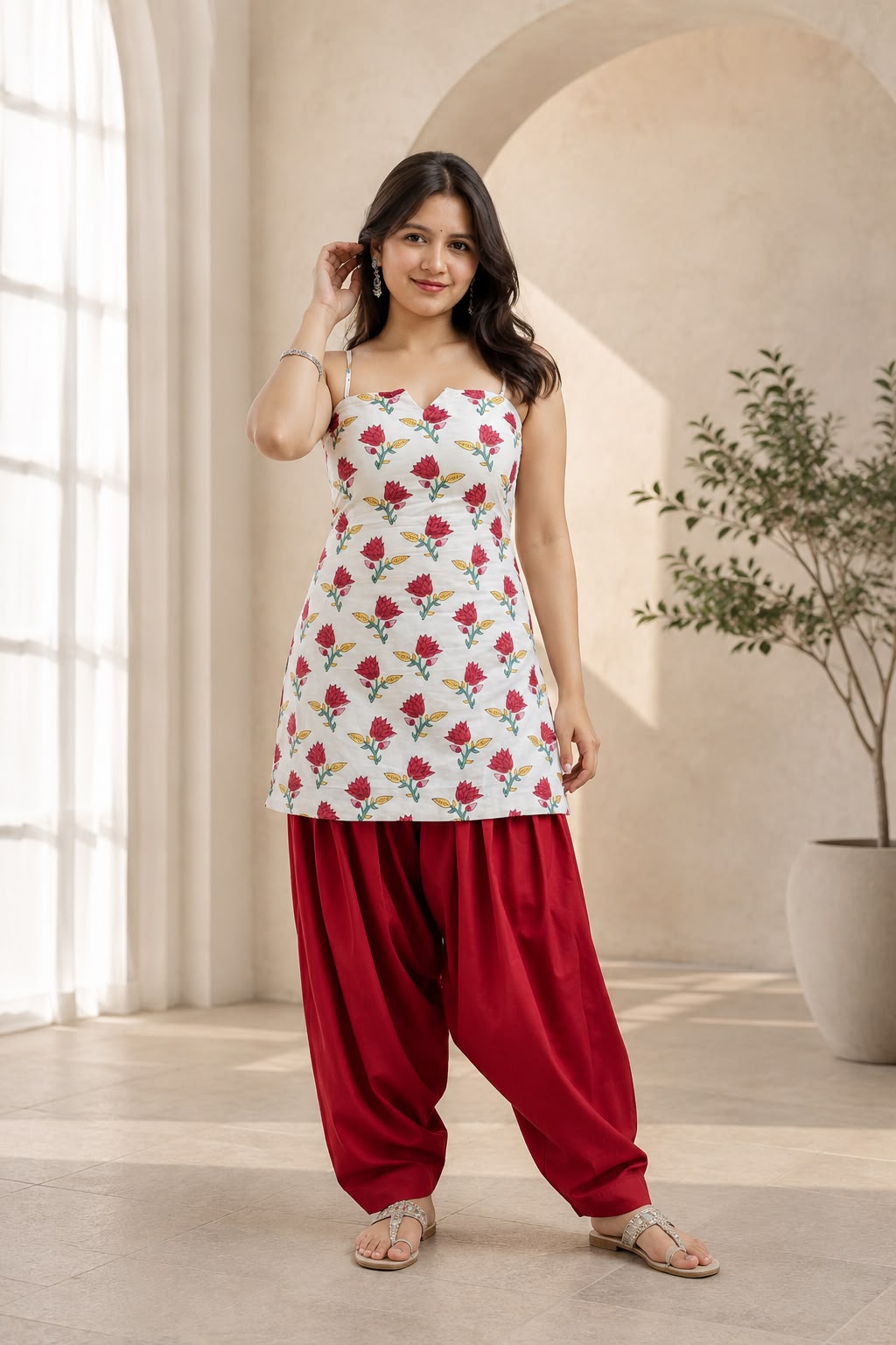 Flora Rahi White & Red Farshi Salwar Set with Handblock Kurta