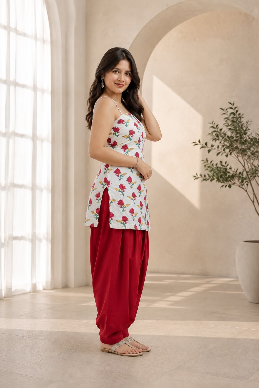 Flora Rahi White & Red Farshi Salwar Set with Handblock Kurta
