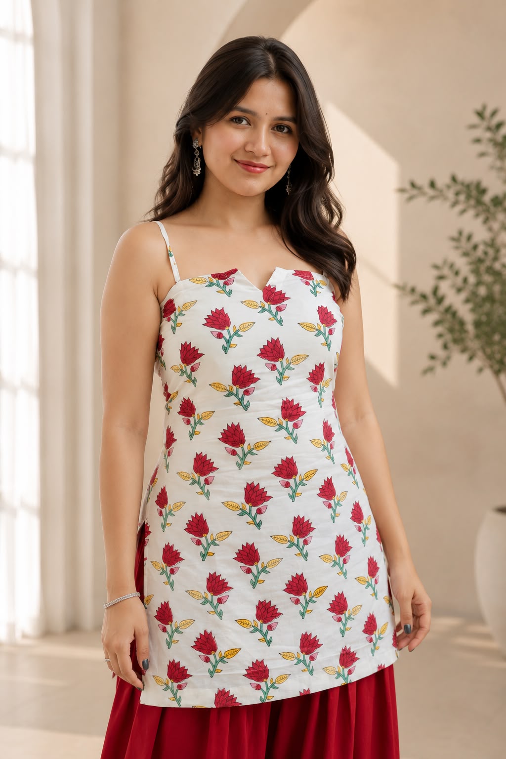 Flora Rahi White & Red Farshi Salwar Set with Handblock Kurta