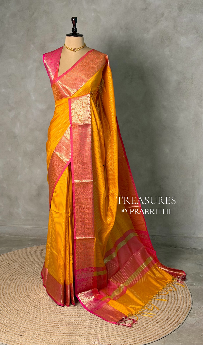 Yellow and Rani pink semi banarasi silk saree- AISHYR