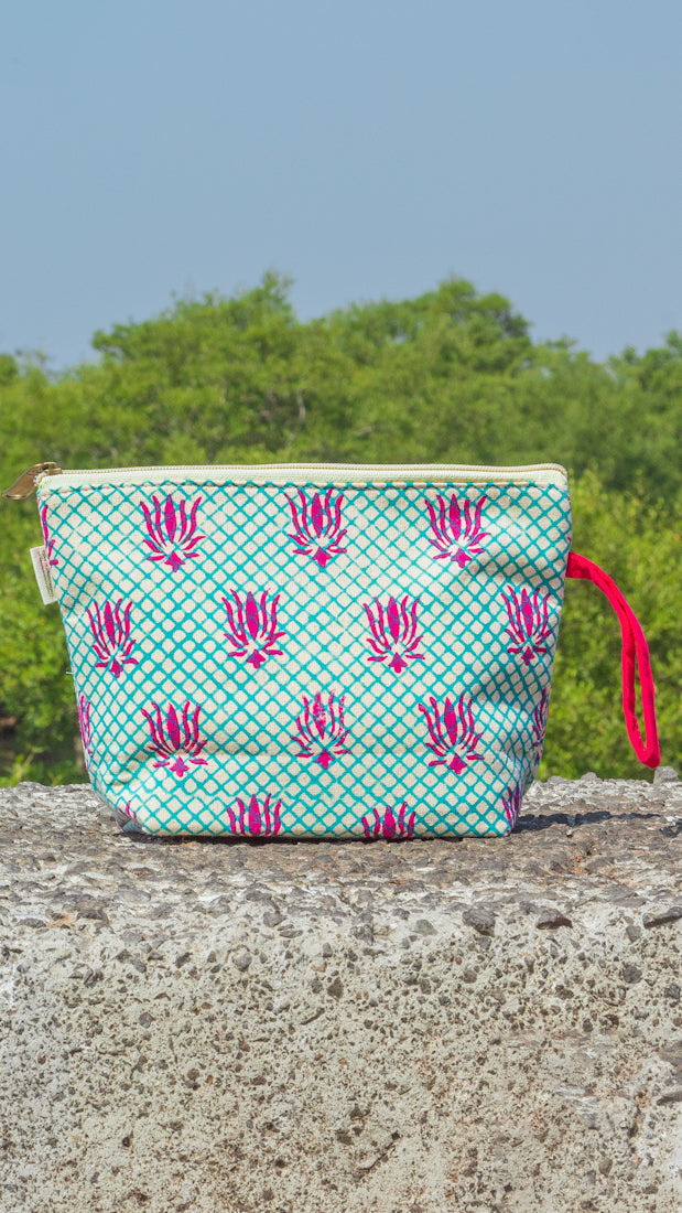 Cotton Pouch • Teal and Pink • Lotus Motif-5