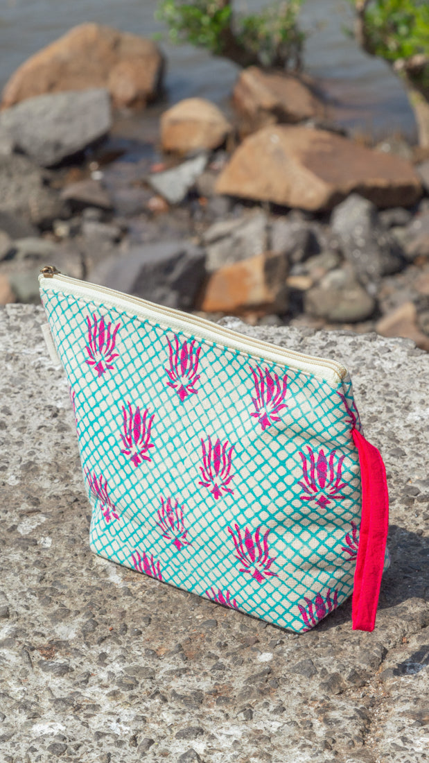 Cotton Pouch • Teal and Pink • Lotus Motif-6