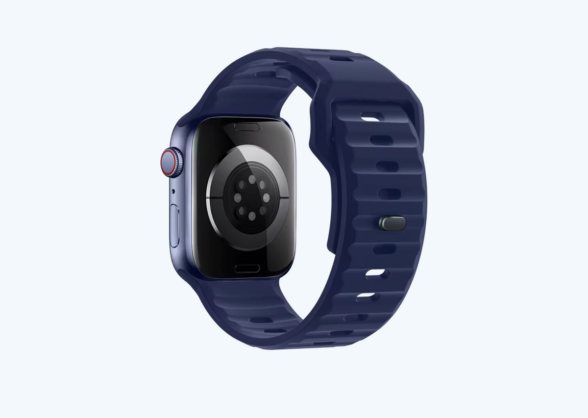 Indigo Blue Rugged Silicone Apple Watch Band with Pin & Tuck Closure.