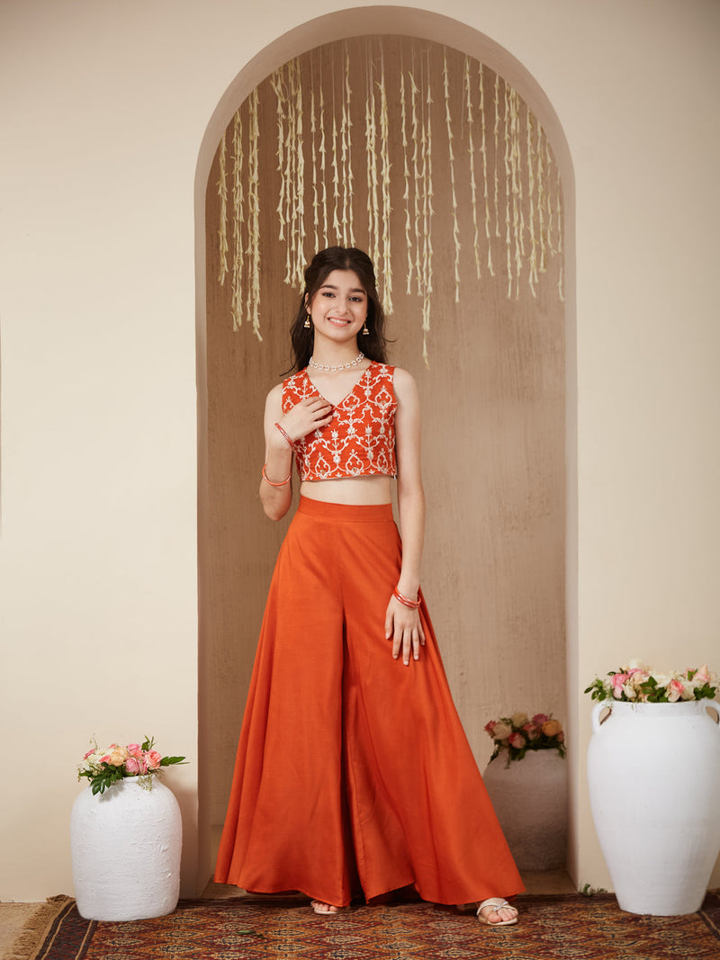 Orange cotton Embroidered Top, Palazzo Shrug Set Girl's