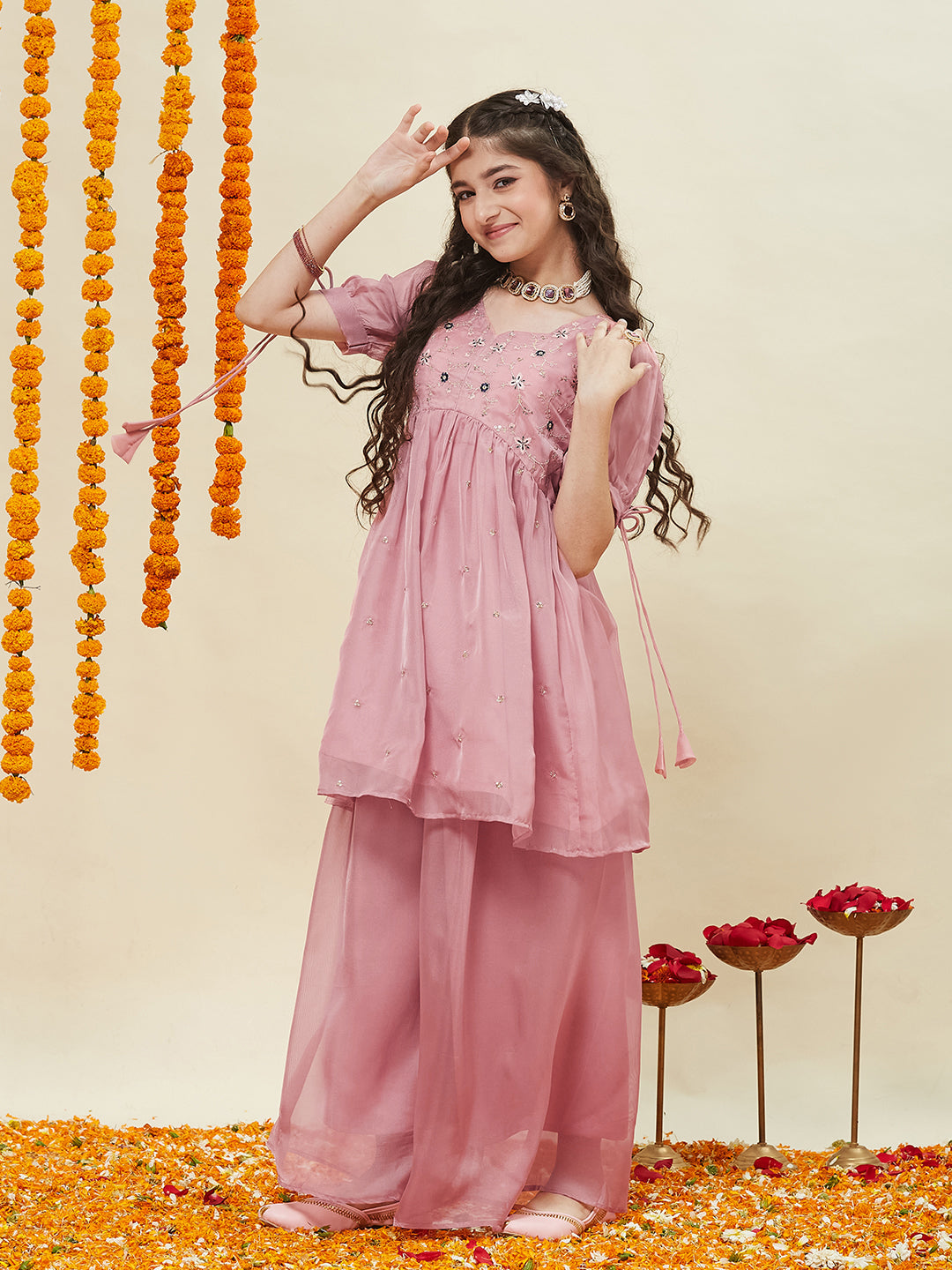 Baby Pink Embroidered Kurti & Sharara Set for Girls