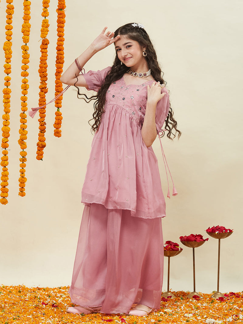 Baby Pink Embroidered Kurti & Sharara Set for Girls
