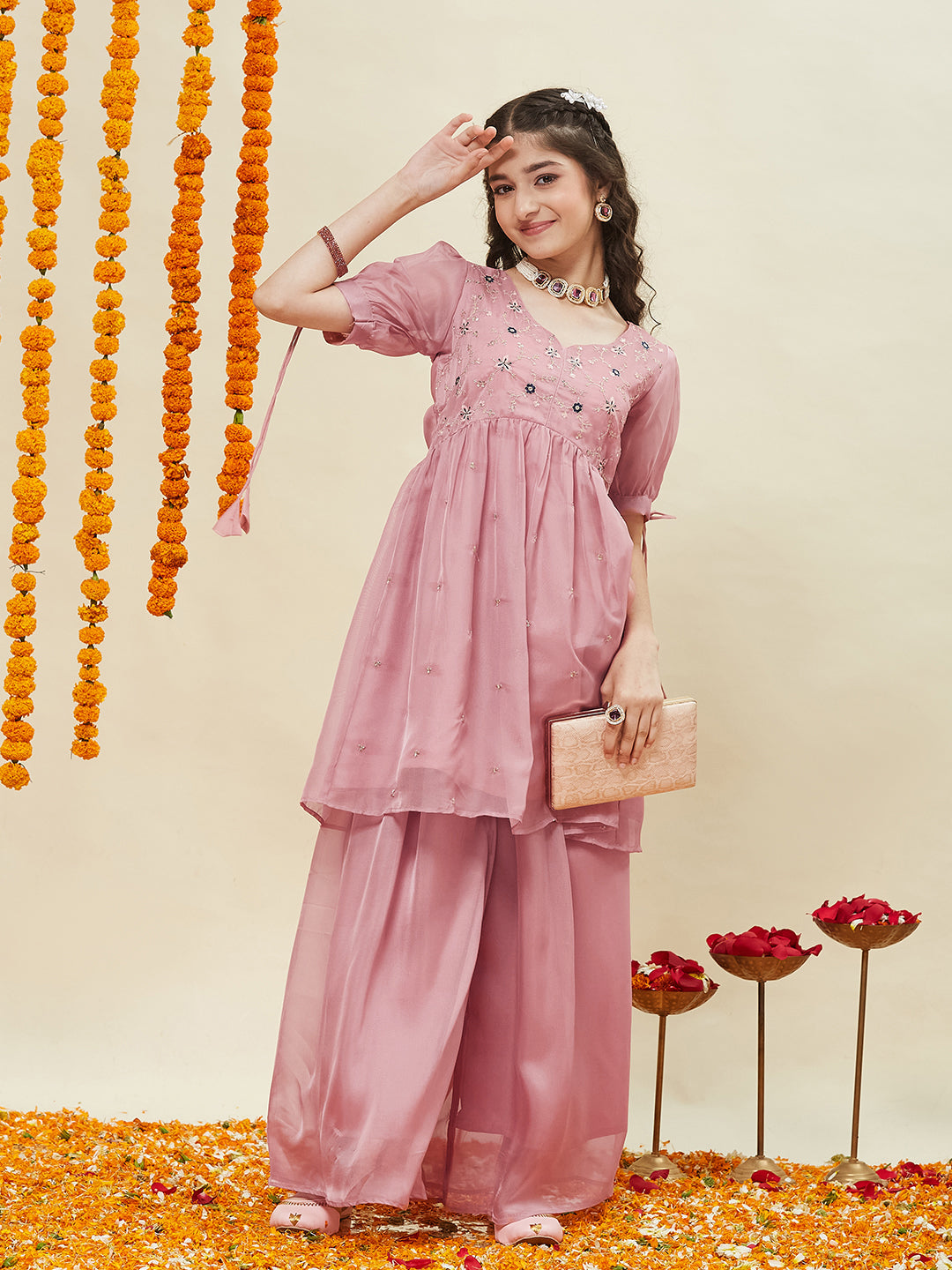 Baby Pink Embroidered Kurti & Sharara Set for Girls