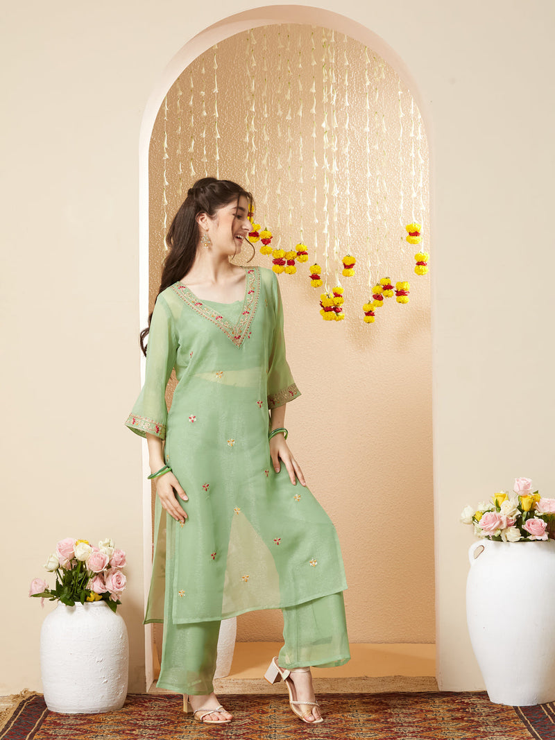 Pista Embroidered Kurta Set with Straight Pants