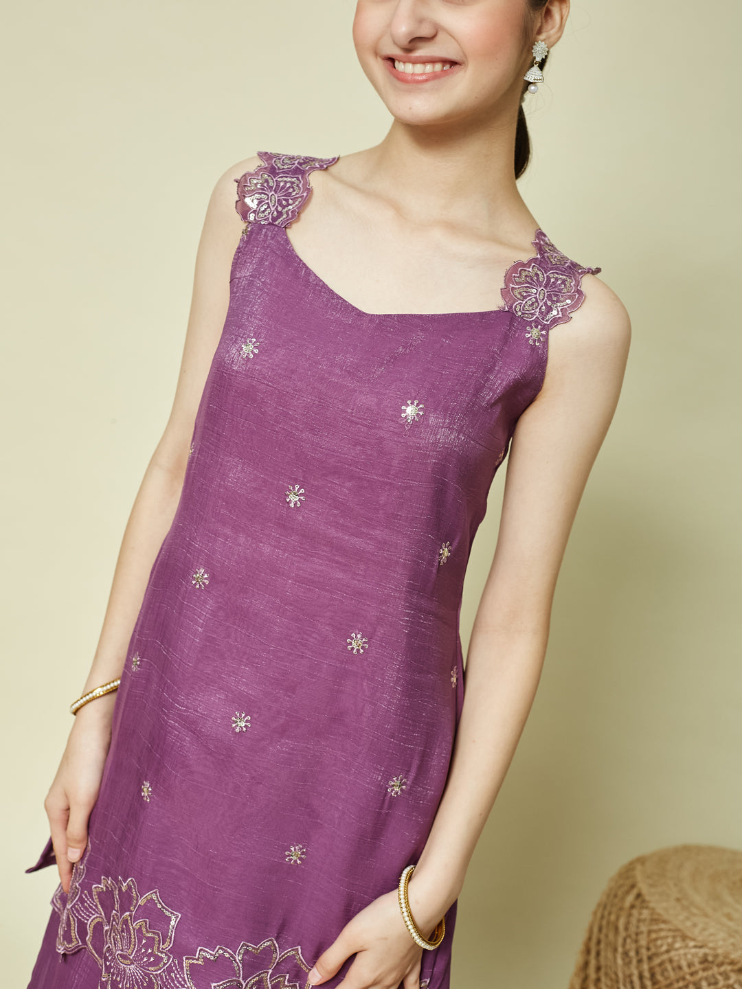 Purple Silk Embroidered Kurta Palazzo Set with Dupatta for Girls