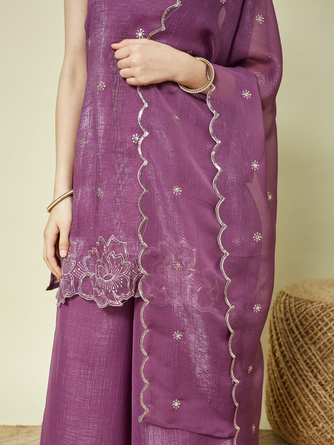 Purple Silk Embroidered Kurta Palazzo Set with Dupatta for Girls