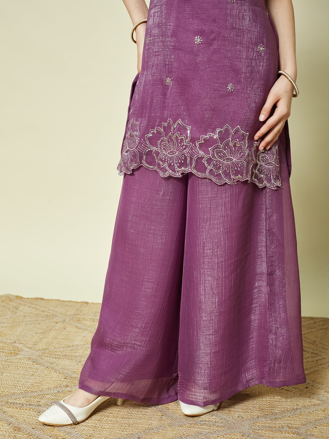 Purple Silk Embroidered Kurta Palazzo Set with Dupatta for Girls