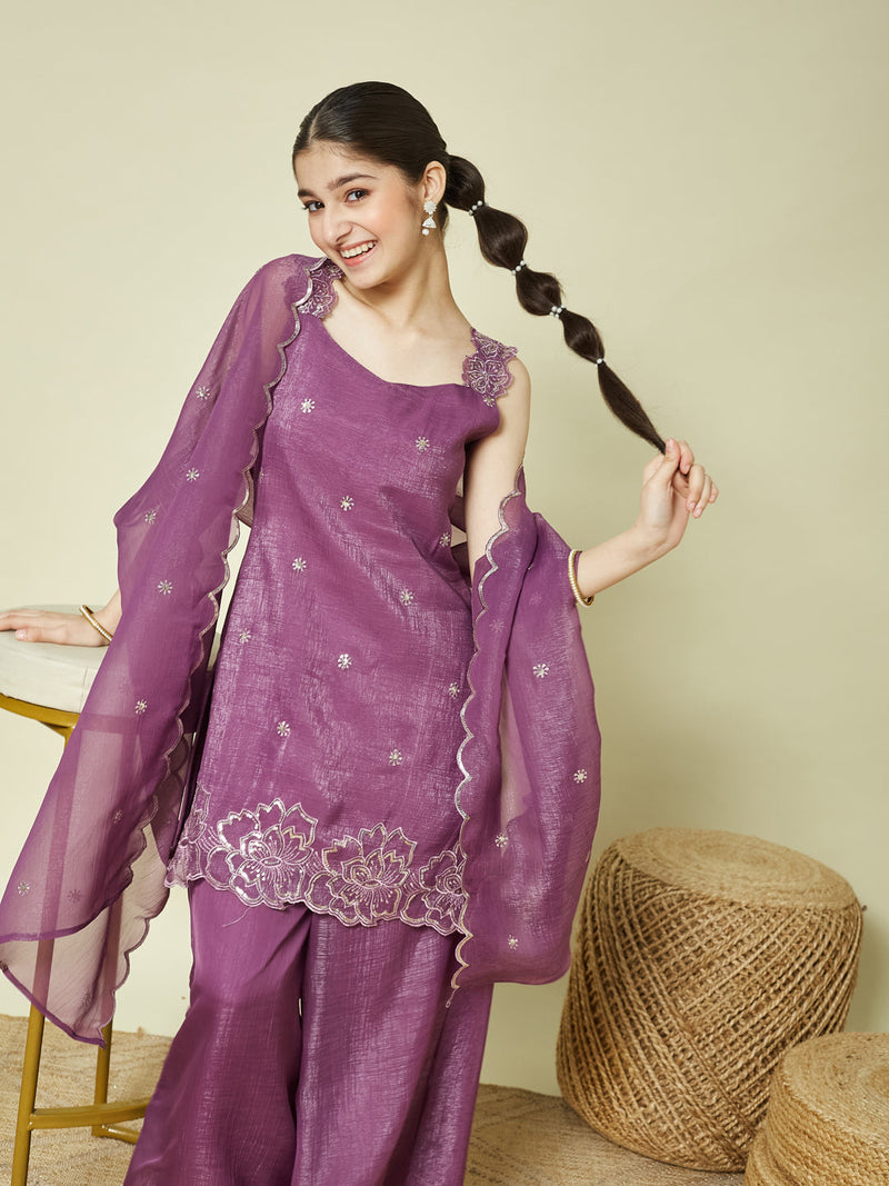 Purple Silk Embroidered Kurta Palazzo Set with Dupatta for Girls