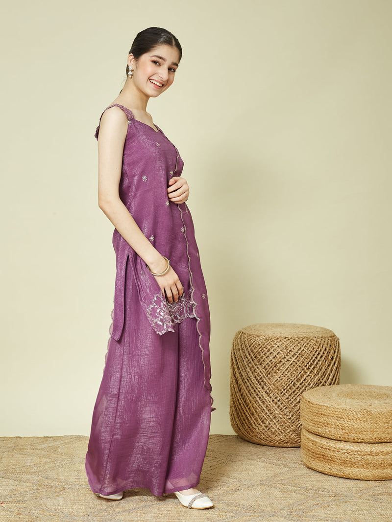 Purple Silk Embroidered Kurta Palazzo Set with Dupatta for Girls